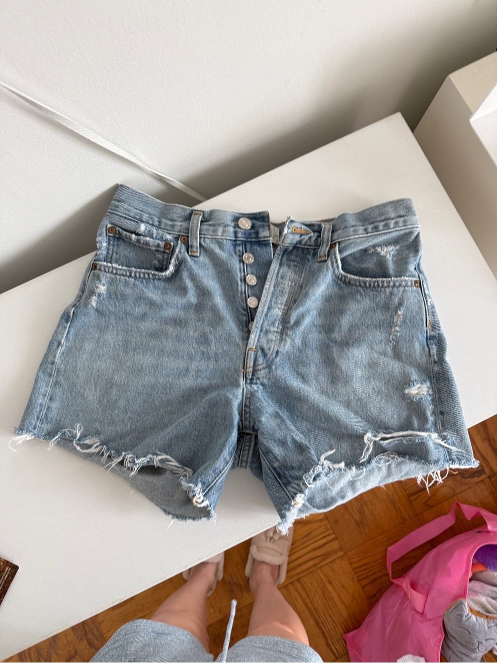 Agolde Light Blue Button-Fly Distressed Denim Shorts